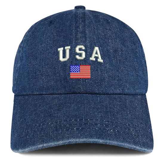 Discover Stitchfy American Flag and USA Embroidered 100% Cotton Denim Cap Dad Hat (SF-LOG143-MGC-7610)