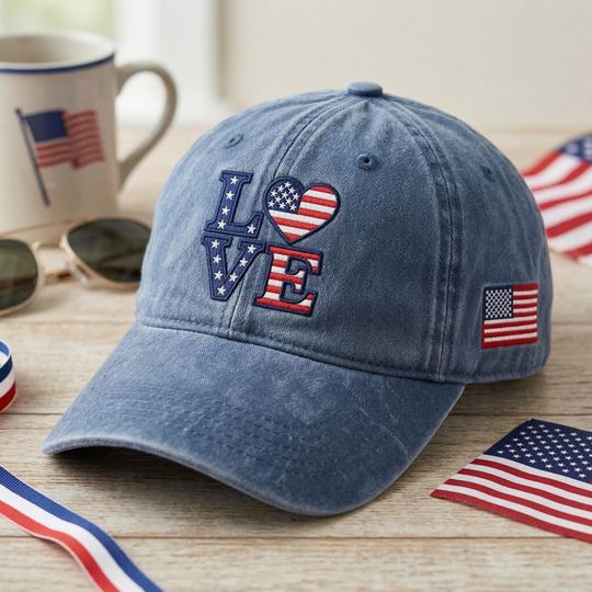 Discover Embroidered Love American Flag Wash Dad Cap, Patriotic Heart Hat, USA Pride Baseball Cap, 4th of July Gift for Women, Distressed Blue Hat