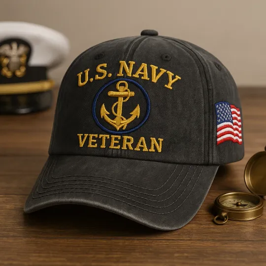 U.S. Navy Veteran Washed Cap Anchor Embroidered Patriotic Military Hat
