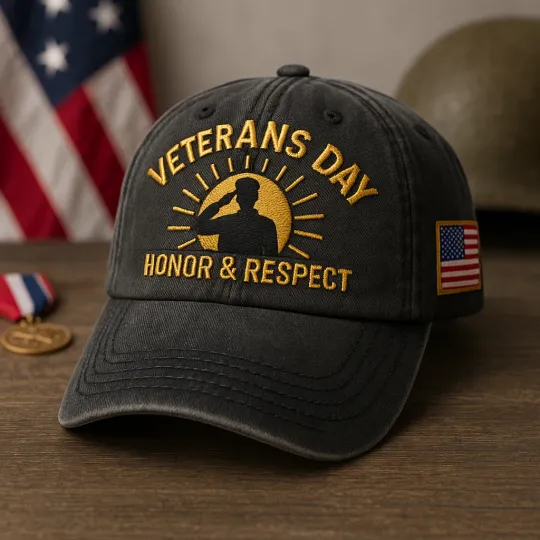 Discover Veterans Day Embroidered Washed Denim Baseball Cap Patriotic Hat