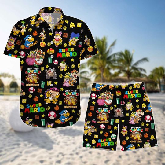 Super Mario Bowser Button Shirt, Bowser Hawaiian Short, Nintendo Summer Vacation Gift, Koopalings Summer Outfit For Kids