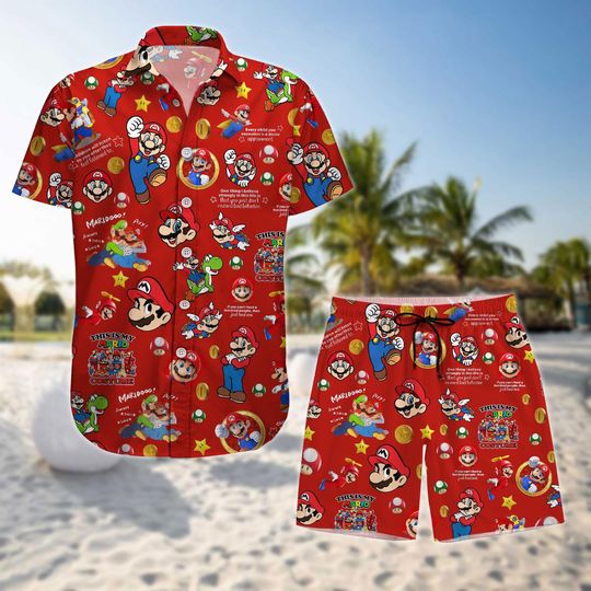 Discover Red Mario and Yoshi Hawaiian Shirt, Super Mario Galaxy Movie Button Short, Nintendo Summer Beach Vacation Gift