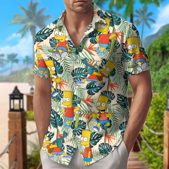 Discover Bart Simpson Hawaiian Shirt, Tropical Floral Simpson Summer Short, Funny Cartoon Matching Outfit For Men And Women, Retro 90s Vacation