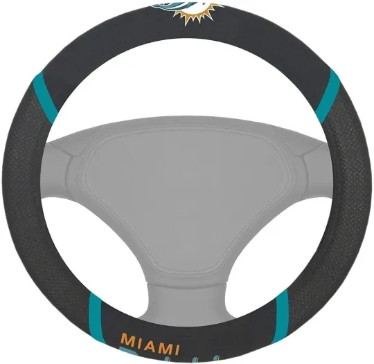 Discover Miami Dolphins Premium 15 Inch Black Emroidered Steering Wheel Cover