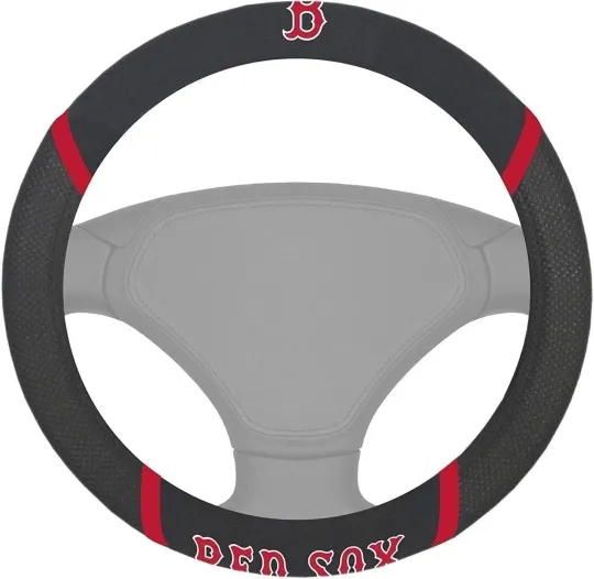 Discover Boston Red Sox Steering Wheel Cover Premium Embroidered Black 15 Inch