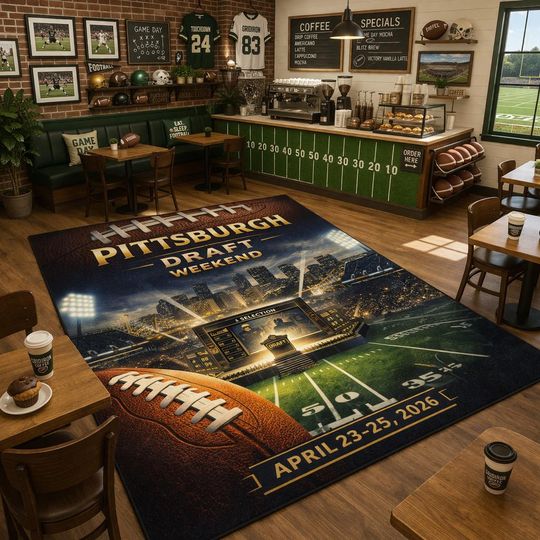 Discover Pittsburgh Draft Weekend Rug, Football Fan Rug, football Draft Decor, Man Cave Area Rug, Sports Bar Rug, Game Room Carpet