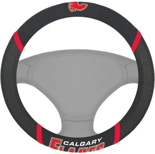 Discover Calgary Flames Steering Wheel Cover Premium Embroidered Black 15 Inch