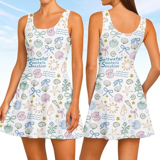 Discover Beach Skater Dress for Women, Ocean Seashell Print Dress, Sunshine Casual Summer Dress, Gift for Ocean Lover