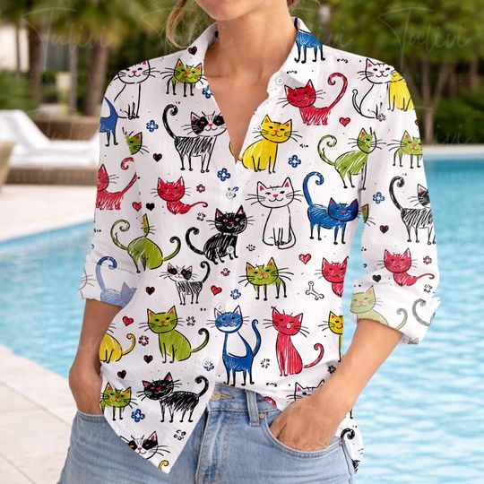 Discover Cat Blouse Shirt, Kitty Lover Women Blouse, Cute Cat Long Sleeve Shirt, Gift For Pet Lovers, Linen-Look Shirt