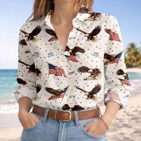 Discover 250 Years Since 1776  Blouse Shirt, Independence Day Women Women Blouse, Long Sleeve Shirt, Patriotic Linen-Look Shirt