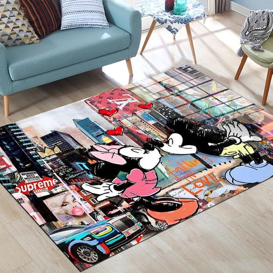 Discover Mickey and Minnie Mouse Rug:Graffiti Art,Rug for Kids Room,Non-Slip,Washable