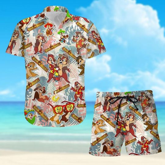 Discover Chip And Dale Button Shirt, Double Trouble Hawaiian Shirt, Chip N Dale Beach Shorts, Summer Shorts Men, Disney Cartoon Shirt For Summer