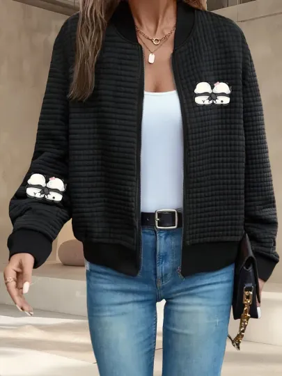 Waffle Bomber Jacket with Panda Pattern Print