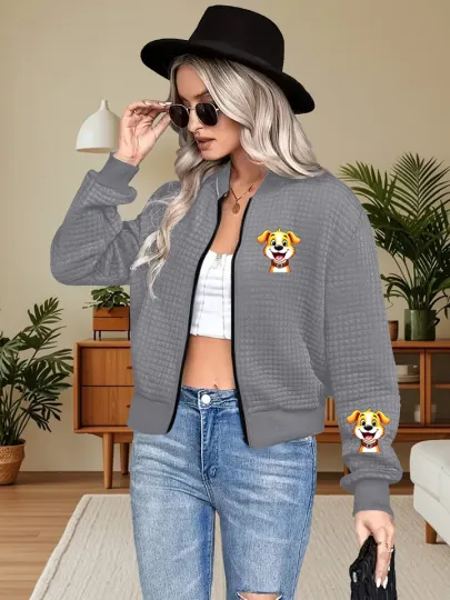 Waffle Bomber Jacket with Dog Pattern Print