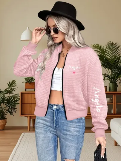 Custom Name With Heart Waffle Baseball Collar Zip-Up Jacket