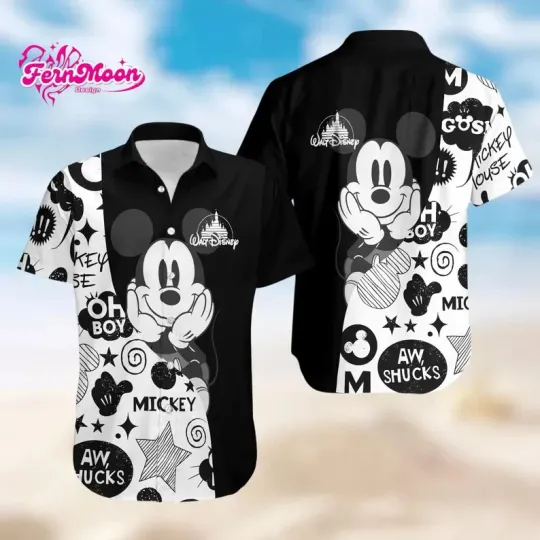 Discover Disney Mickey Mouse Black And White Aloha Summer Trip Hawaiian Shirt