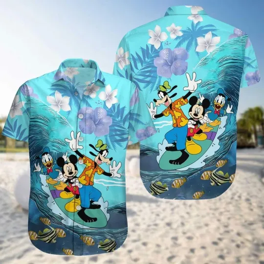 Discover Disney Mickey Donald Goofy Surfing Wave Beach Summer Aloha Hawaiian Shirt