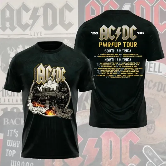 Discover AC DC Shirt PWR UP Tour 2026 Rock N Roll Train Black Band Tee