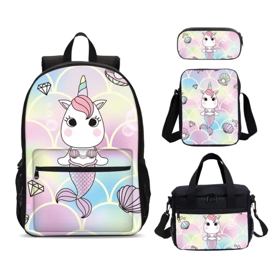 Discover Unicorn Mermaid Scales Kids Large School Backpack Cooler Lunch Bag Pen Case Lot