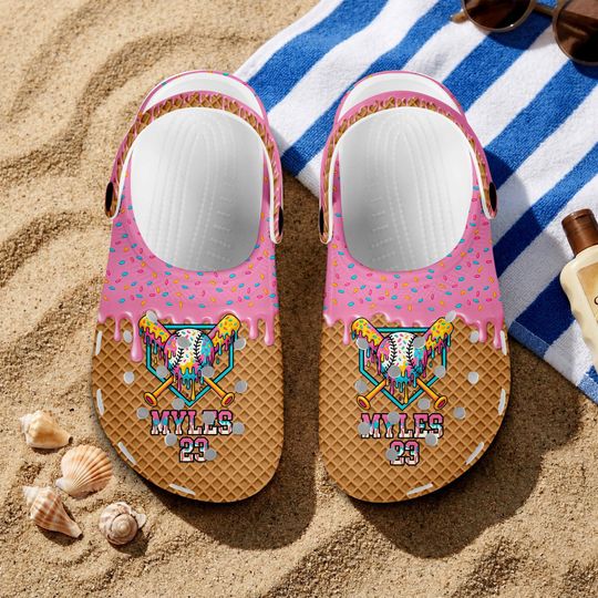 Discover Personalized Baseball Softball Ice Cream Drip Clogs,  Custom Child and Adult Baseball Clogs, Fun Ice Cream Drip Style