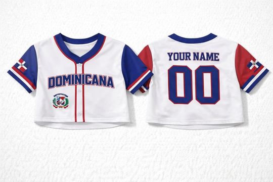 Discover Personalized Dominican Republic Crop Top Baseball Jersey, Custom Name Number Shirt, Red Blue Gradient, Dominican Family Matching Tee
