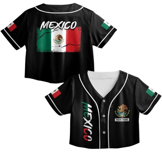 Discover Personalized Mexico Crop Baseball Jersey Shirt, Custom Name Black Button Front Womens Flag Crop Top, Mexican Pride Gift Tee for Her