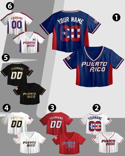Discover Puerto Rico Baseball Jersey Crop Top Custom Name Number, Personalized Boricua Flag Team Uniform Shirt for Women, Blue White Cropped Jersey
