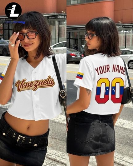 Discover Venezuela Baseball Jersey Crop Top Custom Name Number, Personalized Venezuela Flag Team Uniform Shirts for Women, Navy White Cropped Jerseys