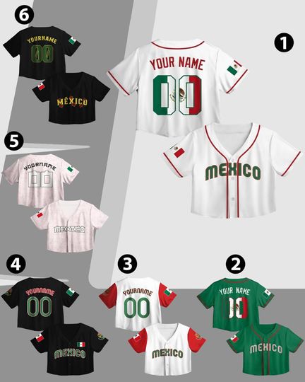Discover Mexico Baseball Jersey Crop Top Custom Name Number, Personalized Mexican Flag Team Uniform Shirts for Women, Green White Cropped Jerseys
