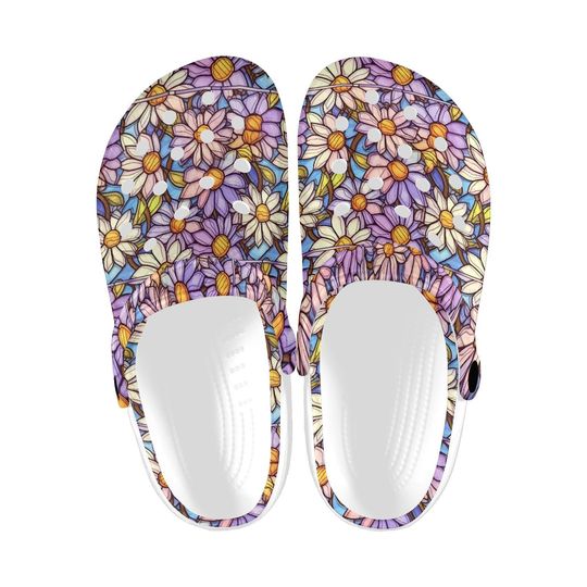 Discover Stained Glass Flower Clogs, Aesthetic Floral Print Footwear, Cute Sandals Shoes, Cozy Indoor Outdoor Wear, Summer Fashion