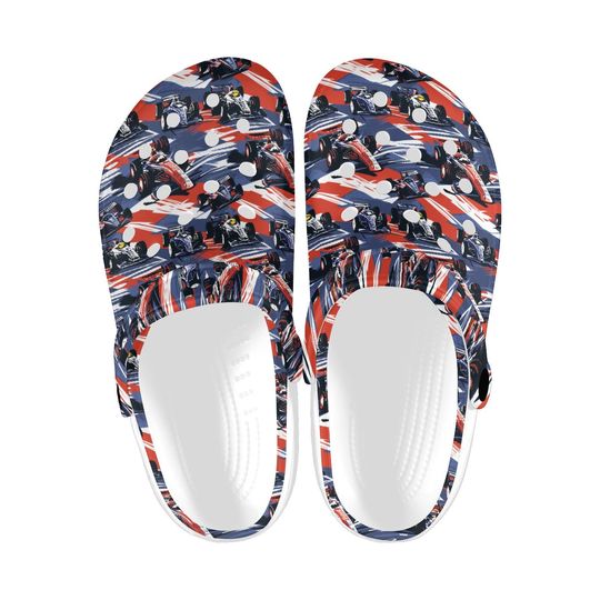 Discover Car Racing Printed Clogs, Racing Theme Slip-On Shoes, Casual Everyday Sandals Clogs, Indoor Outdoor Clogs, Comfy Lightweight Shoes