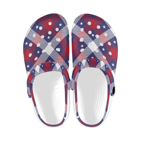Discover USA Flag Printed Clogs, American Patriotic Plaid Sandals Clogs, Stars Stripes Clogs, Statement Wear, 4th of July Gifts, Holiday Shoes