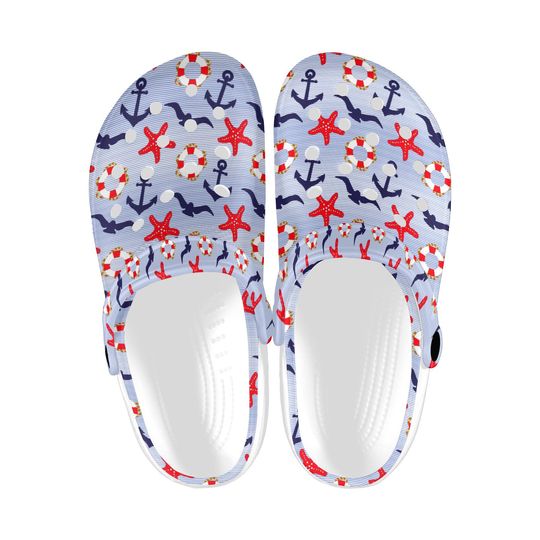 Discover Nautical Out to Sea Anchors Printed Clogs, Summer Beach Shoes, Coastal Casual Footwear Sandals, Indoor Outdoor Clogs, Starfish Lover Gift