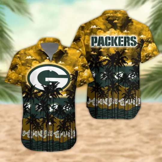 Discover Green Bay Football Team Packerss Palm Trees Sunset Hawaiian Shirt, Unisex Adults