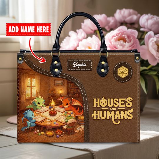 Discover Personalized Houses and Humans D&D Leather Handbag - Custom Name Dungeons and Dragons Bag for Book Lovers