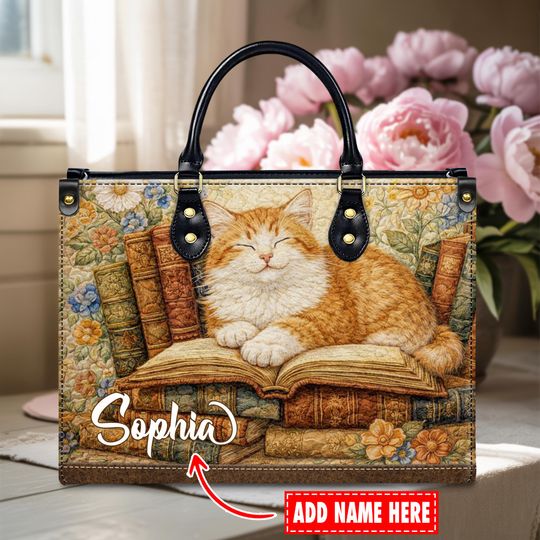 Discover Custom Name Cat Leather Handbag with Vintage Book and Floral Design