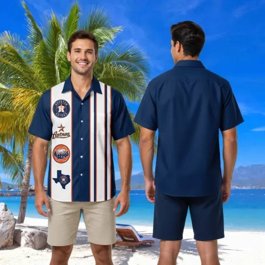 Discover Navy Orange Contrast Hawaiian Shirt Aloha Shirt Classic Summer