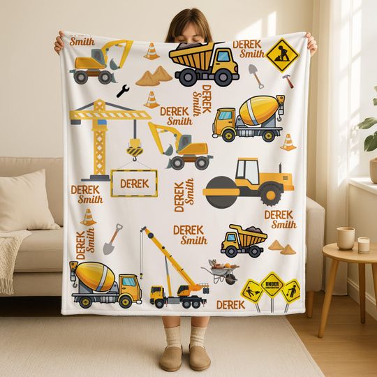 Discover Truck Baby Name Blanket,Custom Nursery Decor with Dump Truck Tractor Excavator,Construction Nursery Decor,Baby&nbsp;Boy&nbsp;Blanket