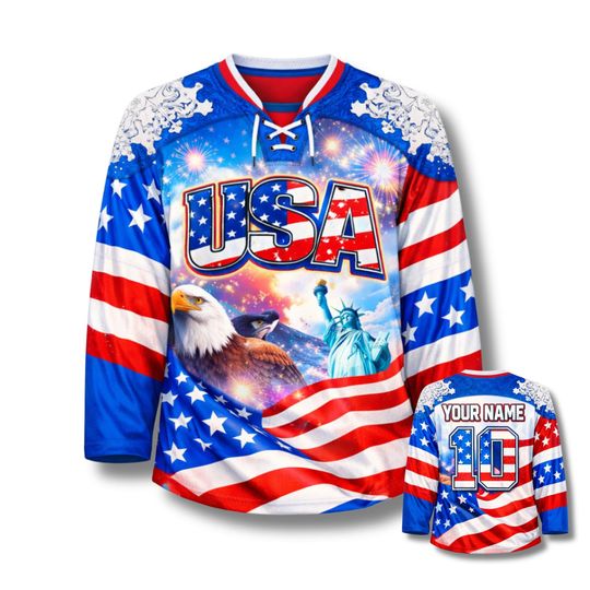Discover USA Hockey Jersey 3D Custom Name and Number Lace-Up Patriotic Shirt