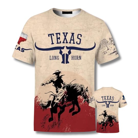 Discover Texas Longhorn 3D All Over Print T-Shirt with Cowboy Rodeo Horse Graphic and Western Map Background Unisex Comfort Stretch Tee