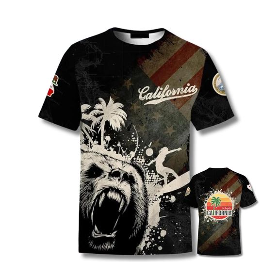 Discover California 3D All Over Print T-Shirt with Roaring Bear Surf Graphic and West Coast Vintage Flag