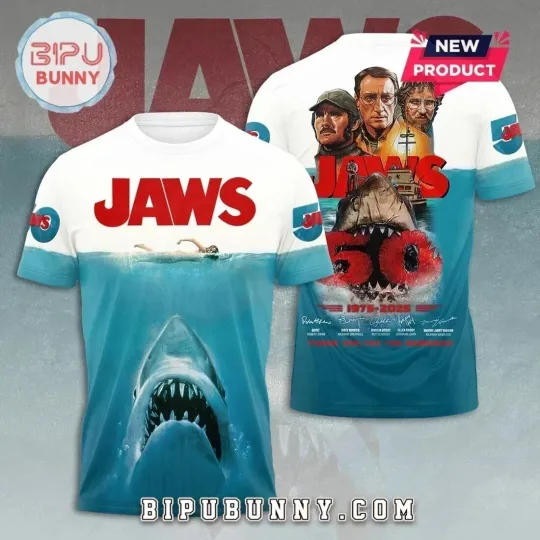 Discover Jaws 50Th Anniversary 1975-2025 3D All Over Printed T-Shirt For Fans