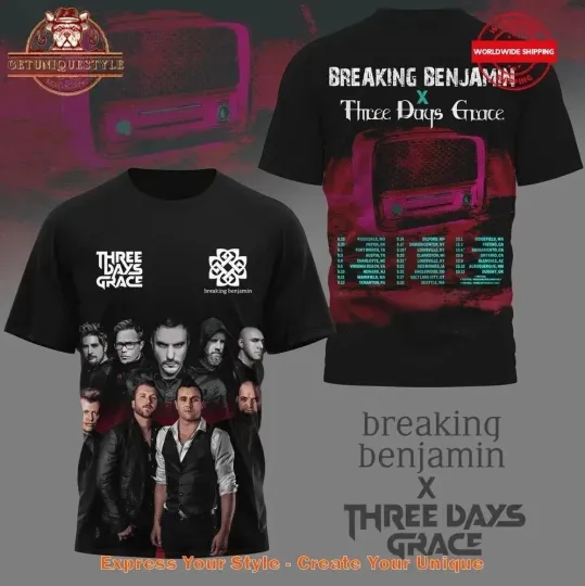 Discover Breaking Benjamin x Three Days Grace Tour 2025 Schedule 3D T-Shirt
