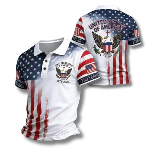 Discover Patriotic USA Eagle Flag Print Polo Shirt for Men