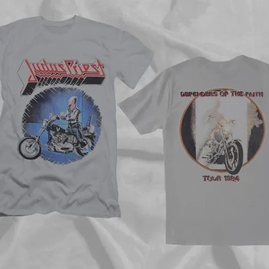Discover Judas Priest DEFENDERS OF THE FAITH 1984 Tour Gray Double Sided T-Shirt