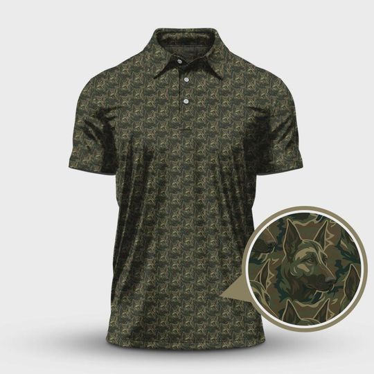 German Shepherd Camo Golf Shirt, Dog Camo Pattern Polo Shirt, Military Style Golf Shirt