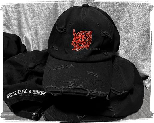 King Guro: Cursed Hat | Embroidered Red Demon Skull Distressed Ball Cap