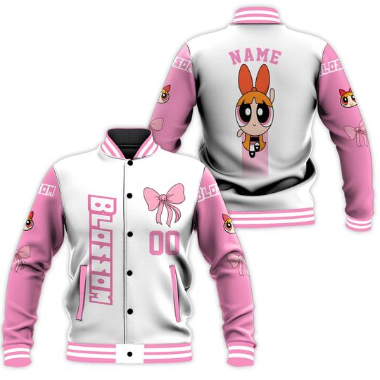 Personalized Blossom Varsity Jacket, Custom The Powerpuff Girls Baseball Jacket, Cartoon Fan Gift