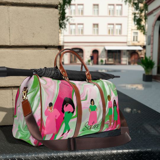 Discover Pink and Green Waterproof Travel Bag, Duffle Bag, Overnight Weekender, Sorority Paraphernalia, Waterproof Tote
