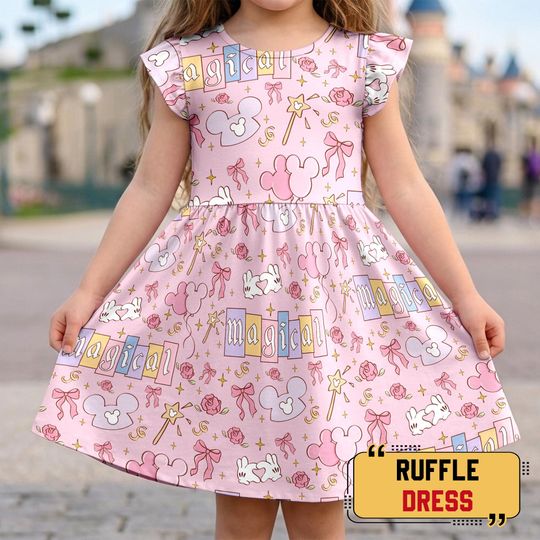 Discover Disney Mickey and Friends Ruffle Dress, Disney Magical Pastel Park Snacks Dress, Disneyland Magic Girls' Trip Dress, Magical Castle Outfit